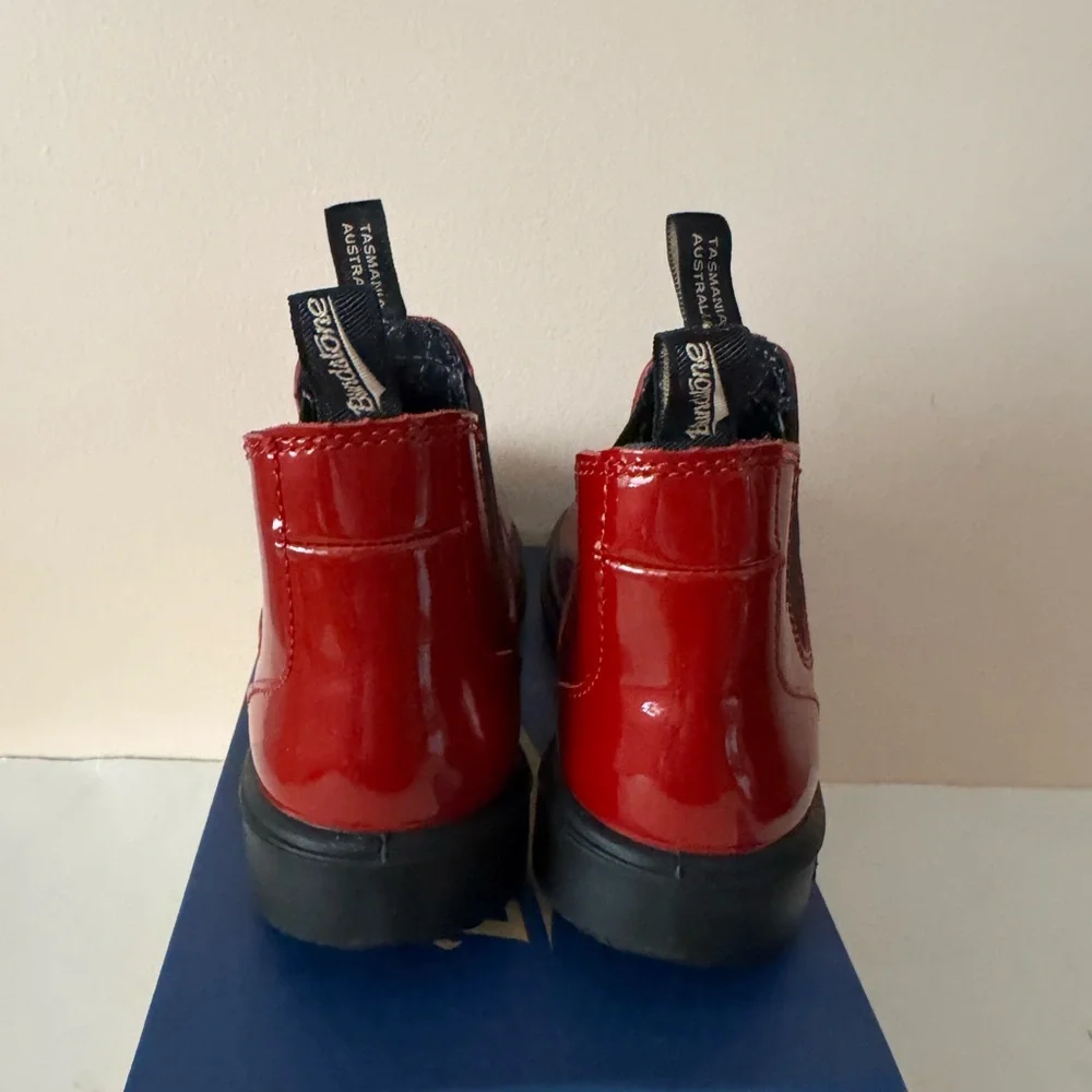 Blundstone Red Low-Heel Chelsea  shiny red patent leather boot. 2253. 3, 4